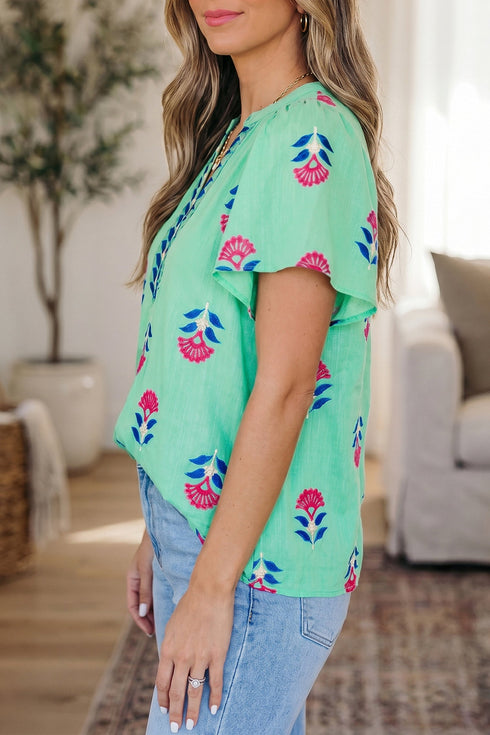 Southern Belle Floral Print Flutter Sleeve V Neck Blouse