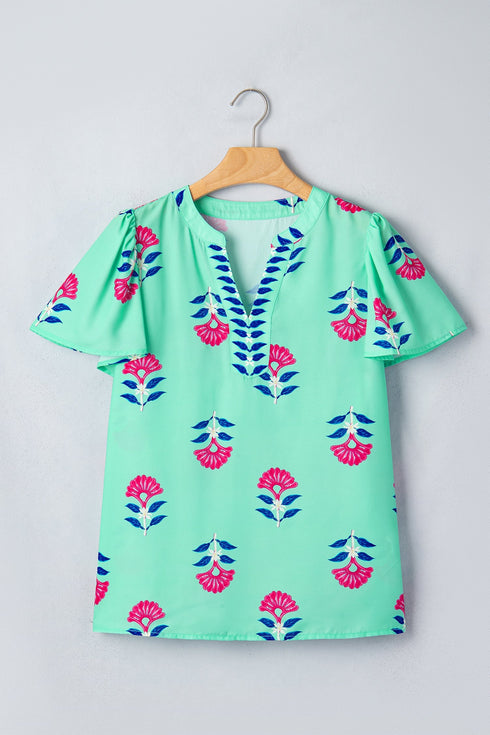 Southern Belle Floral Print Flutter Sleeve V Neck Blouse