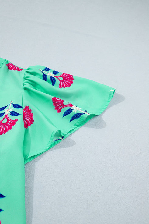 Southern Belle Floral Print Flutter Sleeve V Neck Blouse