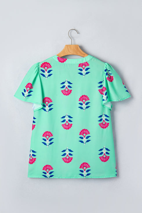 Southern Belle Floral Print Flutter Sleeve V Neck Blouse