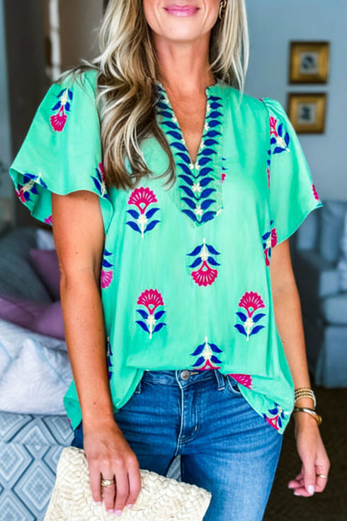 Southern Belle Floral Print Flutter Sleeve V Neck Blouse