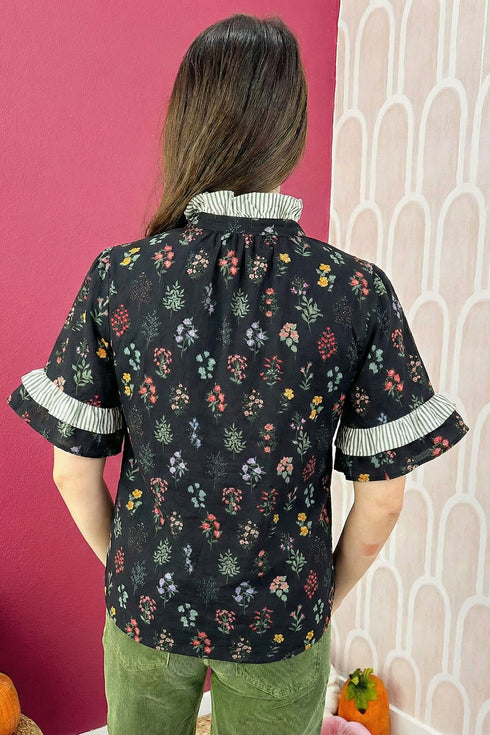 Southern Belle Floral Print Frilled Trim Short Sleeve Blouse