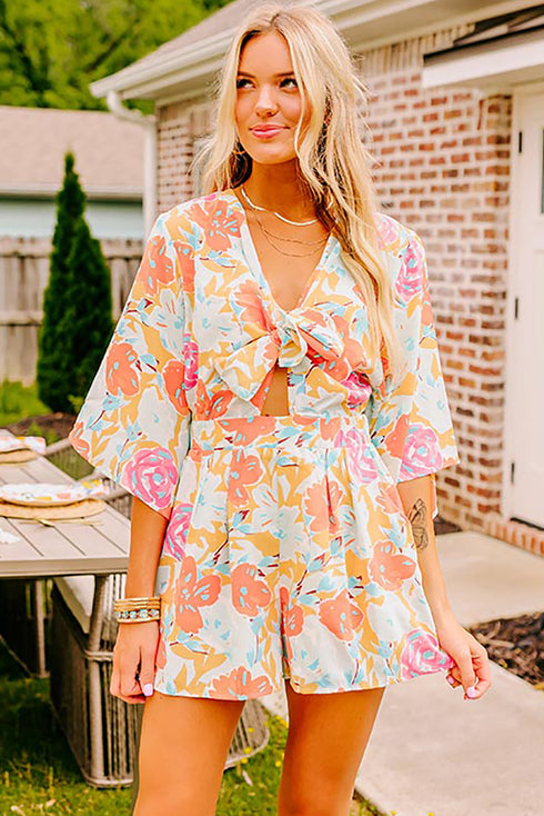 Southern Belle Floral Print Front Tie Romper