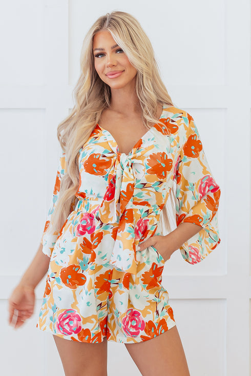Southern Belle Floral Print Front Tie Romper