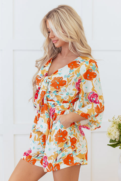 Southern Belle Floral Print Front Tie Romper