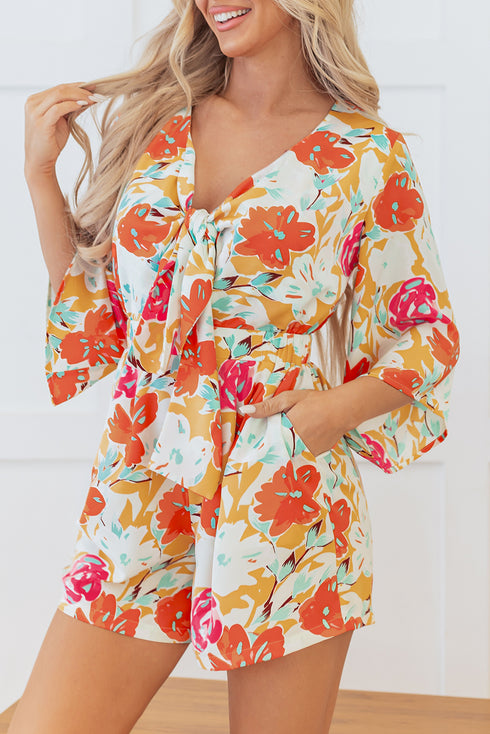 Southern Belle Floral Print Front Tie Romper