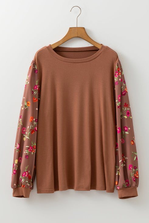 Southern Belle Floral Print Patchwork Round Neck Blouse