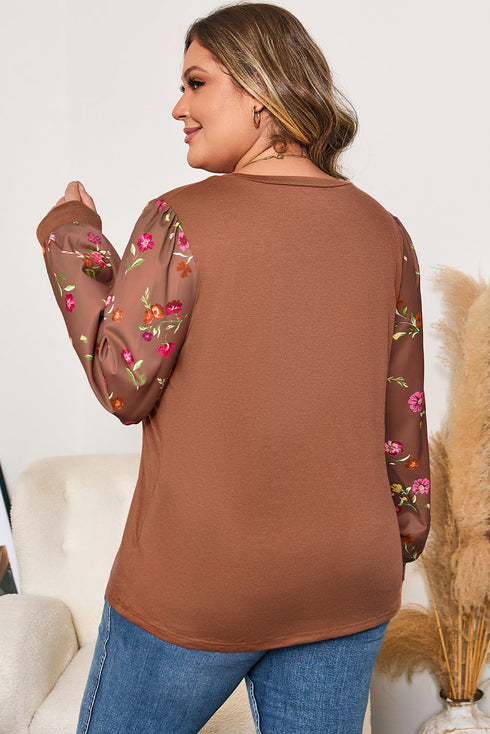 Southern Belle Floral Print Patchwork Round Neck Blouse