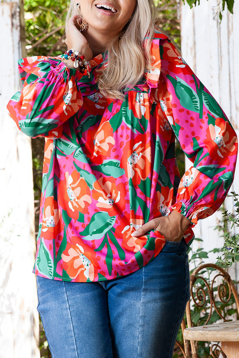 Southern Belle Floral Print Pleated Ruffled Blouse