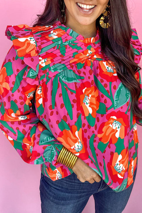 Southern Belle Floral Print Pleated Ruffled Blouse