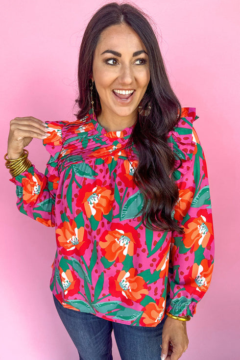 Southern Belle Floral Print Pleated Ruffled Blouse