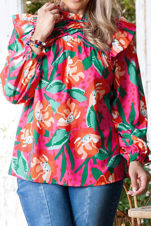 Southern Belle Floral Print Pleated Ruffled Blouse