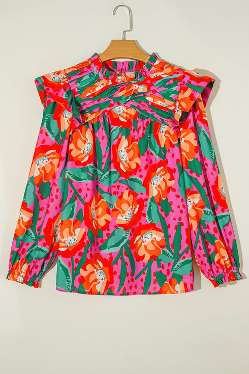 Southern Belle Floral Print Pleated Ruffled Blouse