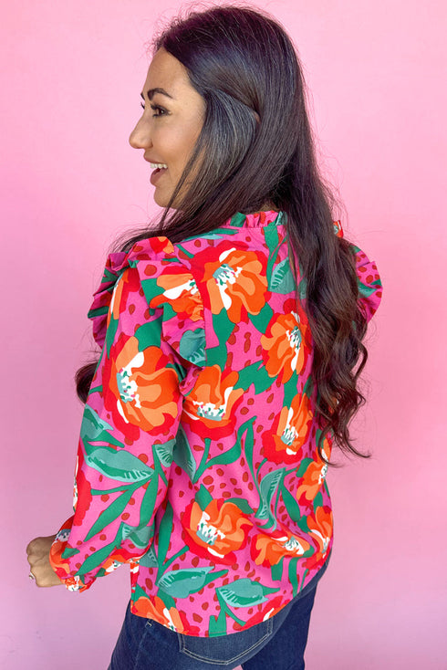 Southern Belle Floral Print Pleated Ruffled Blouse