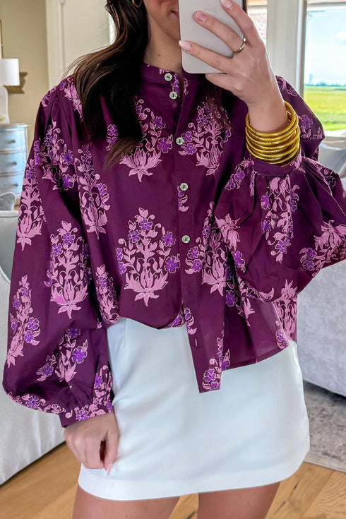 Southern Belle Floral Print Puff Sleeve Button Front Shirt