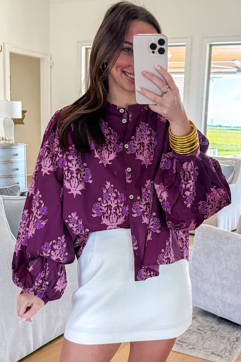 Southern Belle Floral Print Puff Sleeve Button Front Shirt