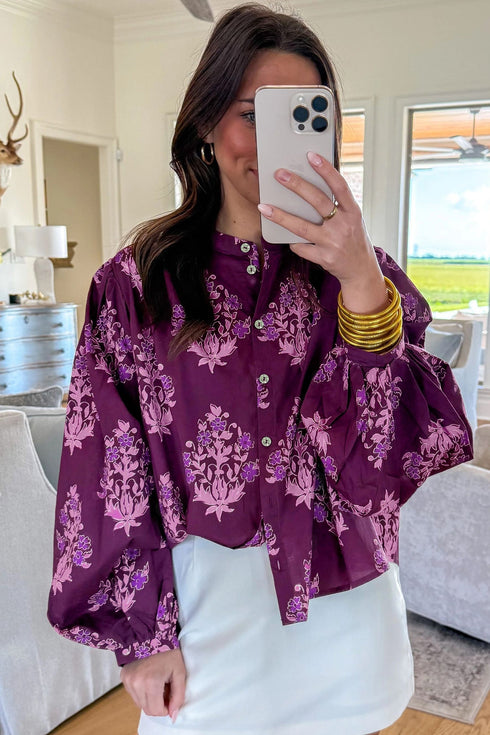 Southern Belle Floral Print Puff Sleeve Button Front Shirt