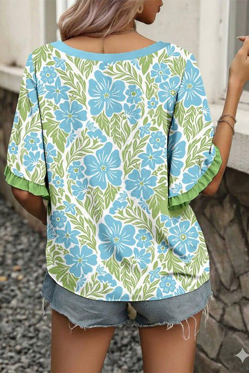 Southern Belle Floral Print Ruffled Half Sleeve Blouse