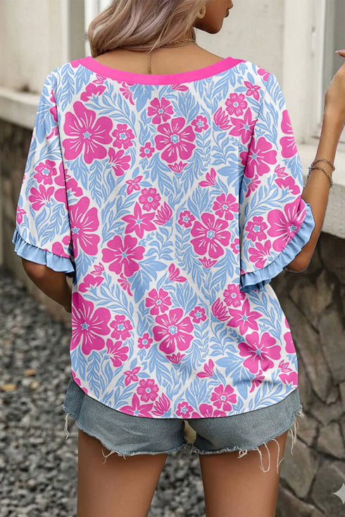 Southern Belle Floral Print Ruffled Half Sleeve Blouse