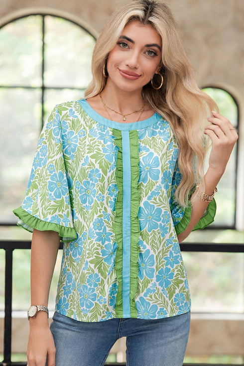 Southern Belle Floral Print Ruffled Half Sleeve Blouse
