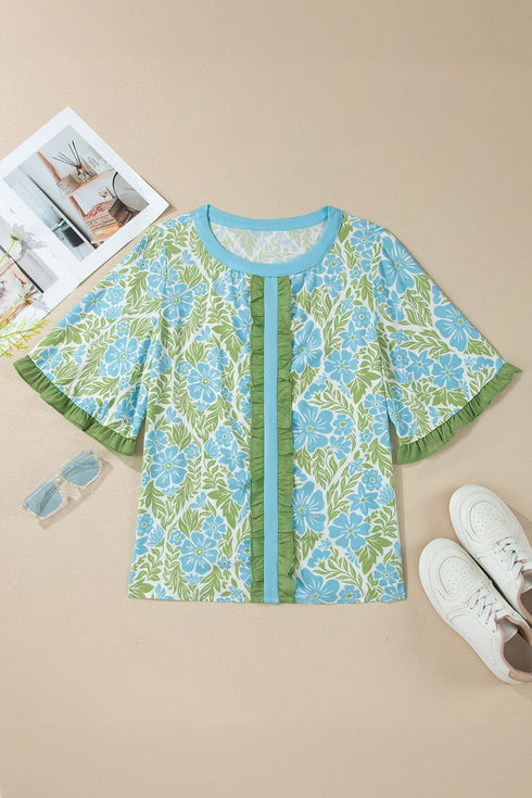 Southern Belle Floral Print Ruffled Half Sleeve Blouse