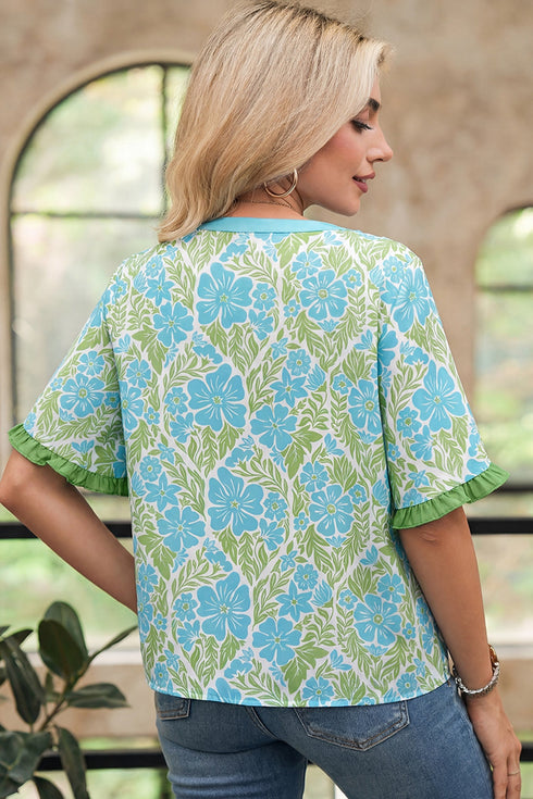 Southern Belle Floral Print Ruffled Half Sleeve Blouse