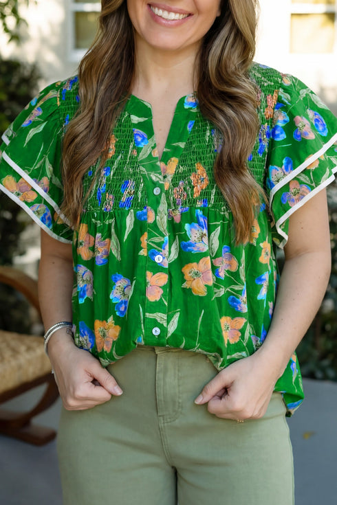 Southern Belle Floral Print Ruffled Short Sleeve Blouse