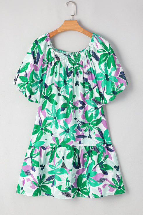 Southern Belle Floral Print Shirred Square Neck Mini Dress
