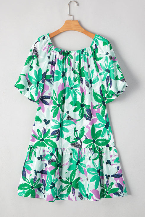 Southern Belle Floral Print Shirred Square Neck Mini Dress