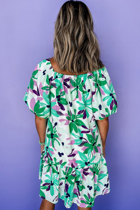 Southern Belle Floral Print Shirred Square Neck Mini Dress