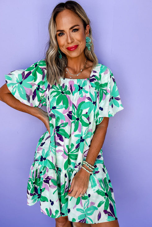 Southern Belle Floral Print Shirred Square Neck Mini Dress