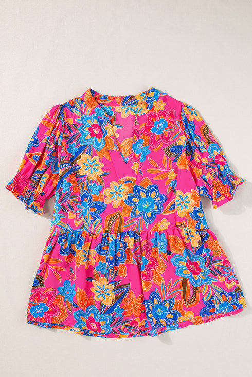 Southern Belle Floral Print Smocked Puff Sleeve V Neck Blouse
