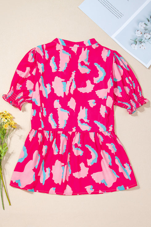 Southern Belle Floral Print Smocked Puff Sleeve V Neck Blouse