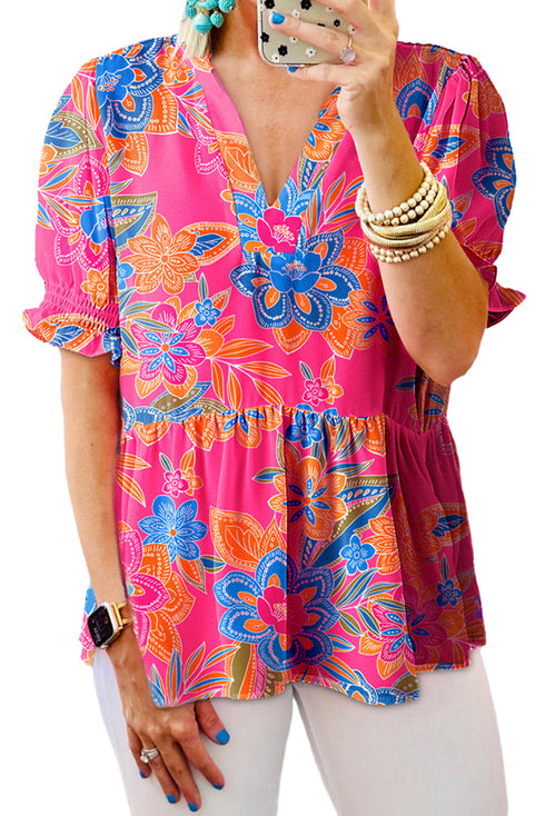 Southern Belle Floral Print Smocked Puff Sleeve V Neck Blouse