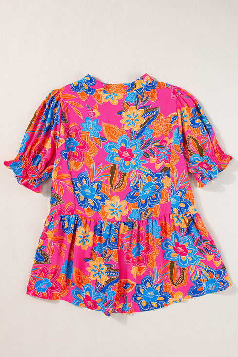 Southern Belle Floral Print Smocked Puff Sleeve V Neck Blouse