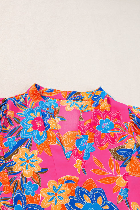 Southern Belle Floral Print Smocked Puff Sleeve V Neck Blouse