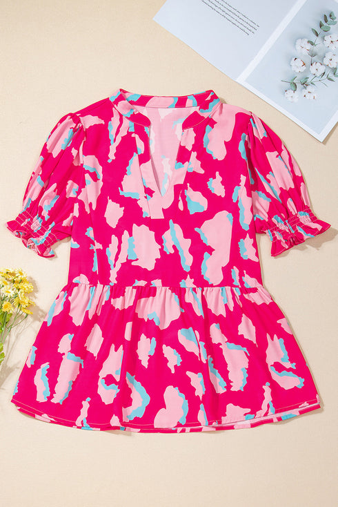 Southern Belle Floral Print Smocked Puff Sleeve V Neck Blouse