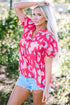 Southern Belle Floral Print Smocked Puff Sleeve V Neck Blouse