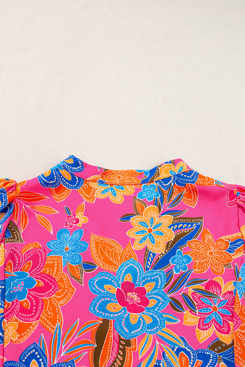 Southern Belle Floral Print Smocked Puff Sleeve V Neck Blouse