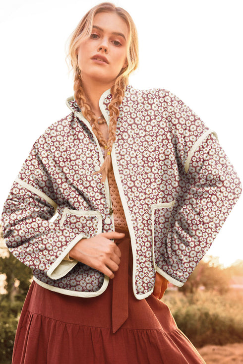 Southern Belle Floral Print Stand Neck Pocketed Jacket