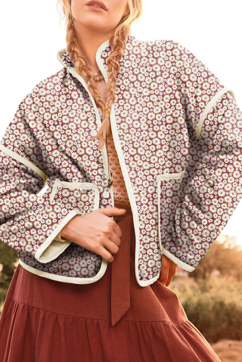 Southern Belle Floral Print Stand Neck Pocketed Jacket
