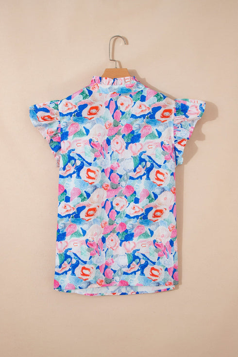 Southern Belle Floral Print Tie V Neck Ruffle Blouse