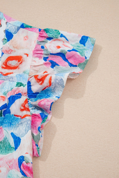 Southern Belle Floral Print Tie V Neck Ruffle Blouse