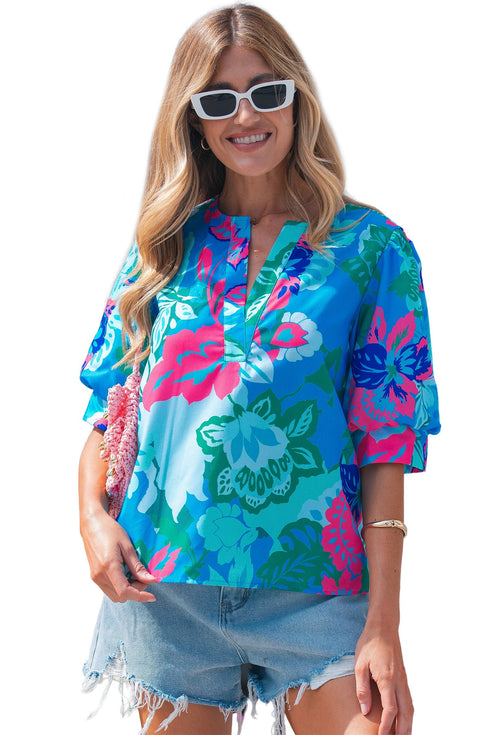 Southern Belle Floral Print V Neck Half Sleeve Blouse