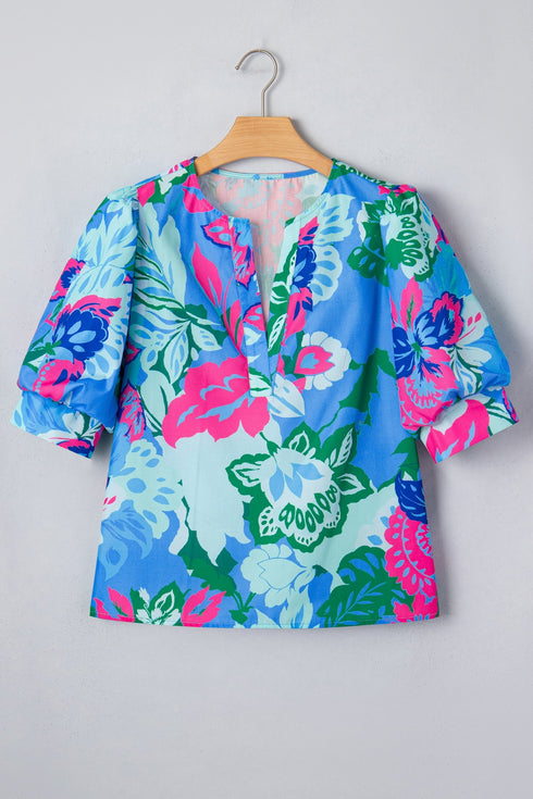 Southern Belle Floral Print V Neck Half Sleeve Blouse