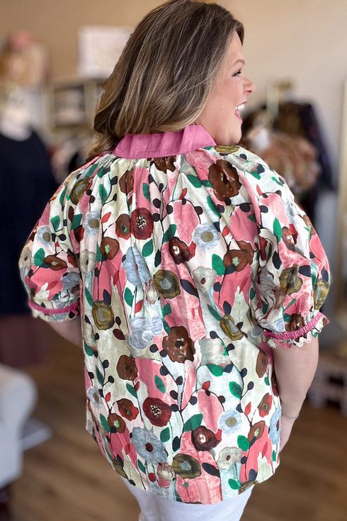 Southern Belle Floral Print V Neck Puff Sleeve Blouse