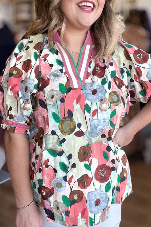 Southern Belle Floral Print V Neck Puff Sleeve Blouse
