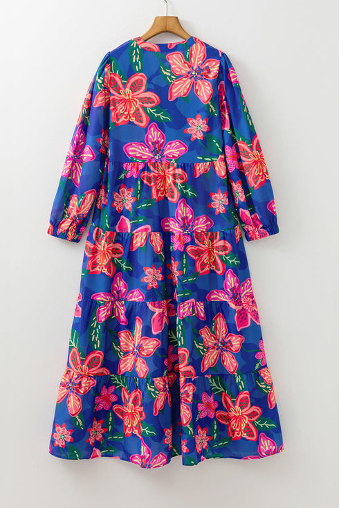 Southern Belle Floral Print V Neck Tiered Long Dress