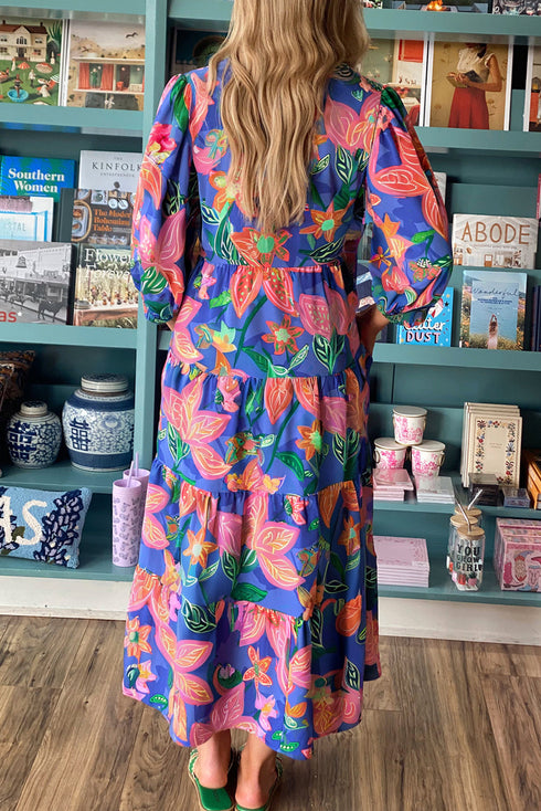 Southern Belle Floral Print V Neck Tiered Long Dress