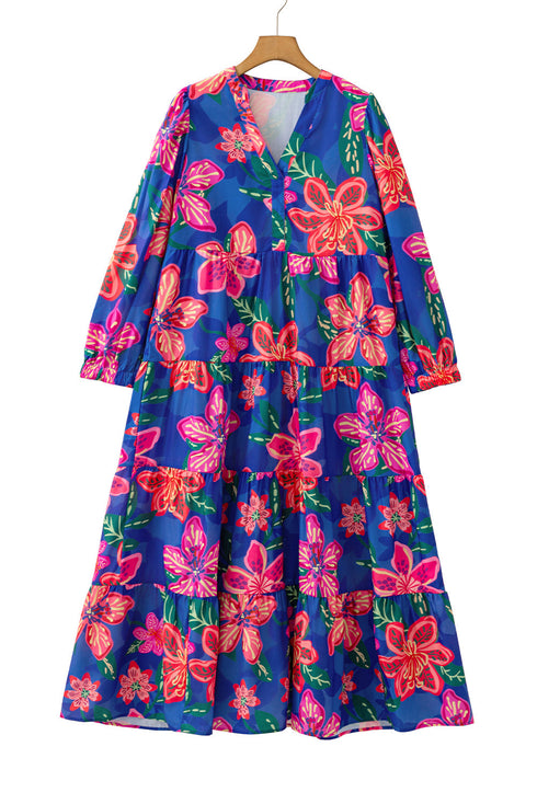 Southern Belle Floral Print V Neck Tiered Long Dress